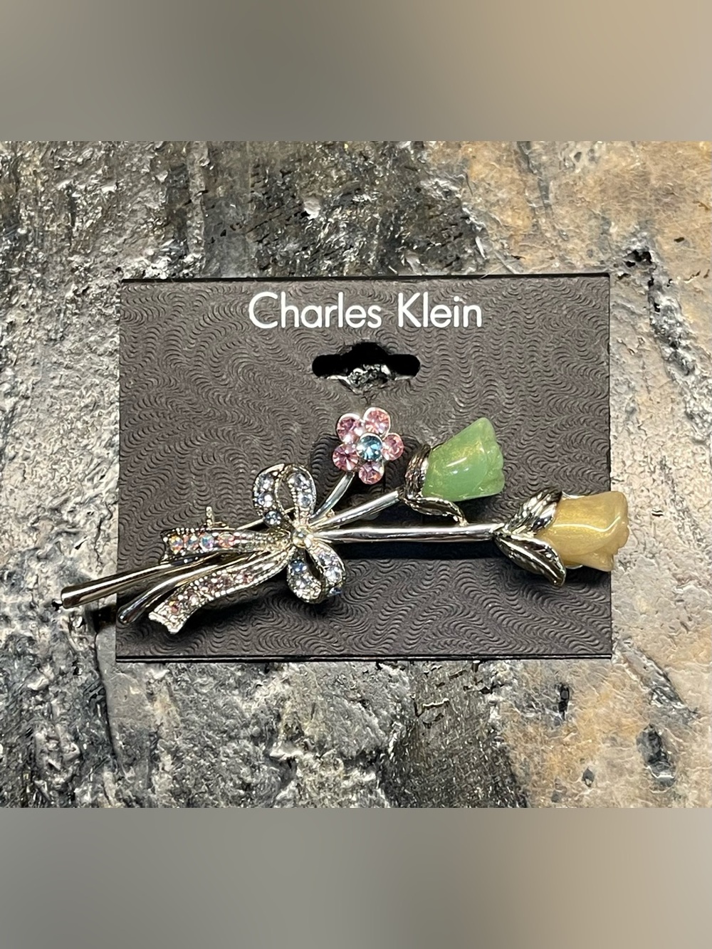VTG Charles Klein Floral Crystal Bow and Molded Plastic Tulip Brooch in Silver